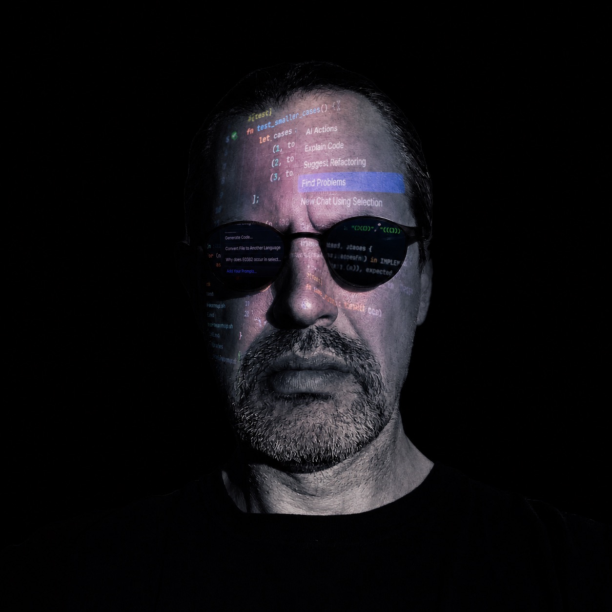 Sven Maxara, Gründer von Inked Company, als Double-Exposure-Portrait mit Code-Ebene